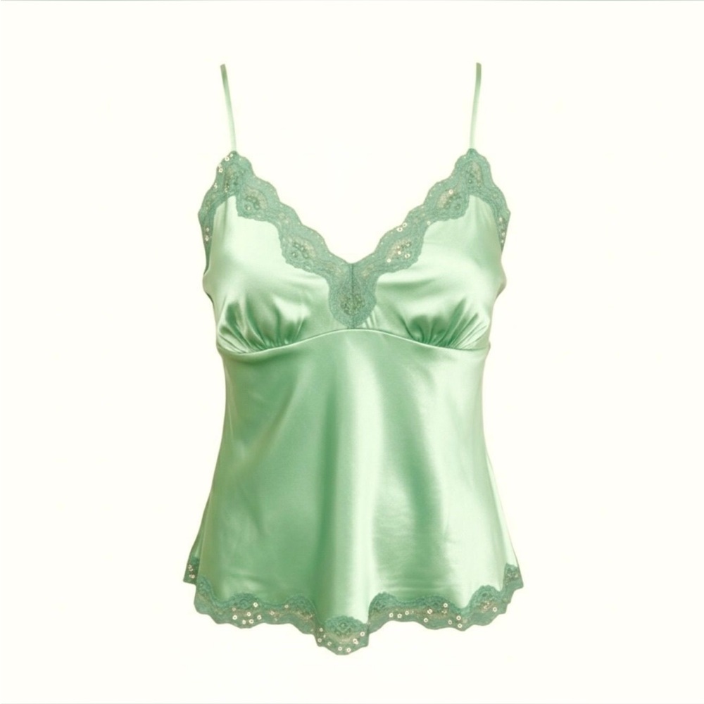 100% Real Silk Lace Trim Mint Green Camisole Tank Top